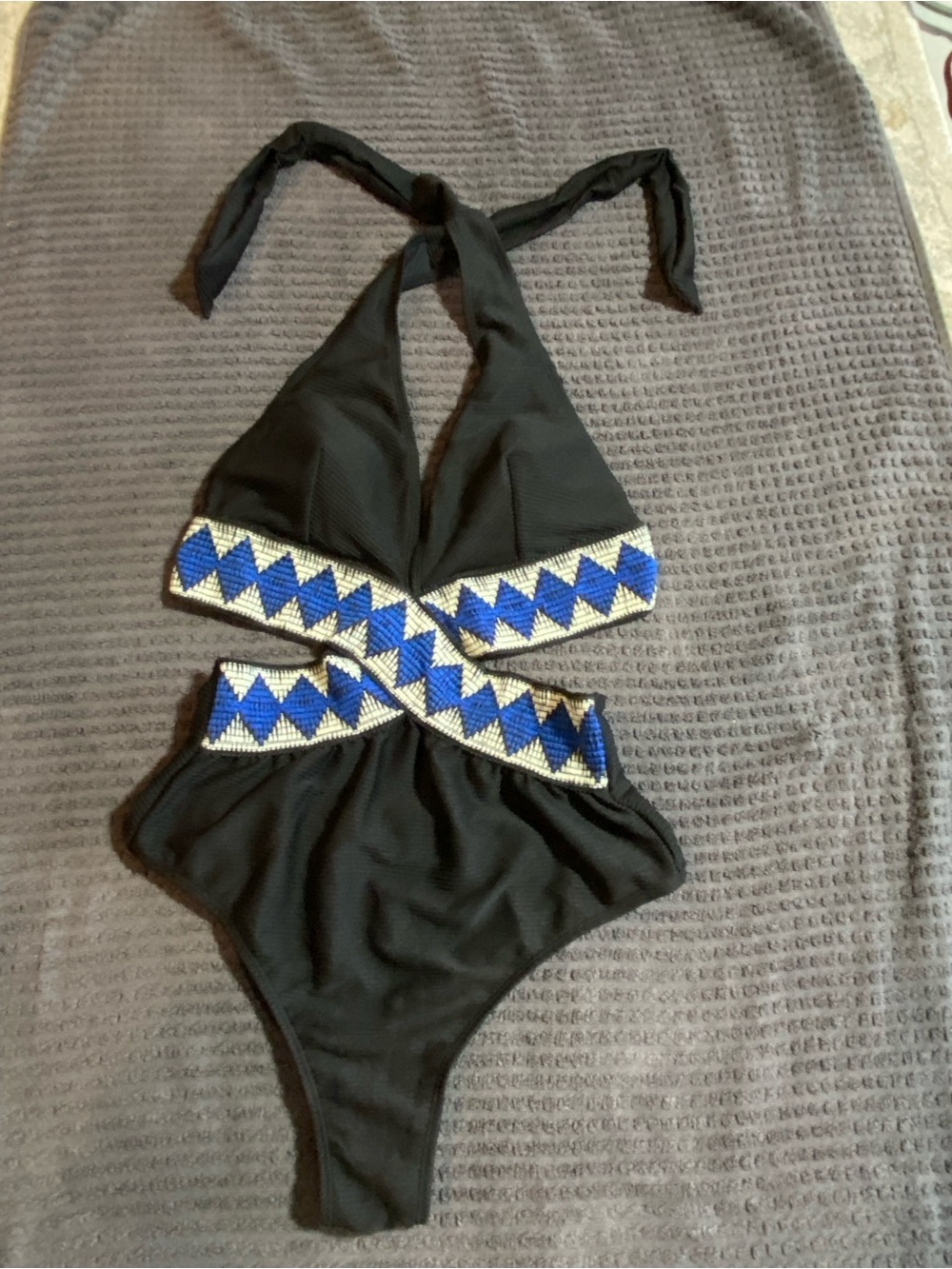 Cupshe Black One piece Swimsuit with cutouts and blue Aztec Trim